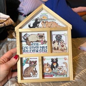 Wooden House-Shaped Cat Cross-Stitch Piece